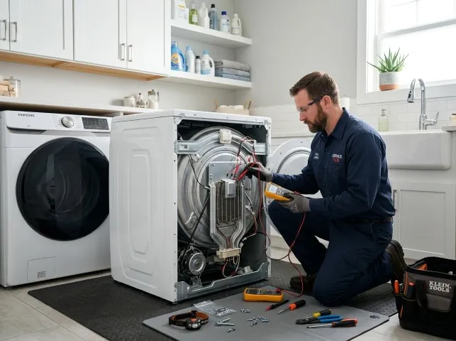 Appliance Repair Hero technician checking a dryer heating element with the rear panel off in Buckingham, IA