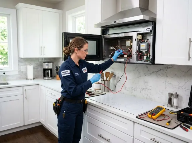 Appliance Repair Hero technician testing an over-the-range microwave in a Buckingham, IA kitchen